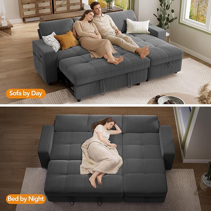 Vipbear Sectional Sleeper Couch with Pull Out Sofa Bed L Shaped Plush Corduroy Couch with Reclining Backrest &amp Storage &amp USB Charging Convertible Cloud Sectional Sofa Bed for Living Room Gr
