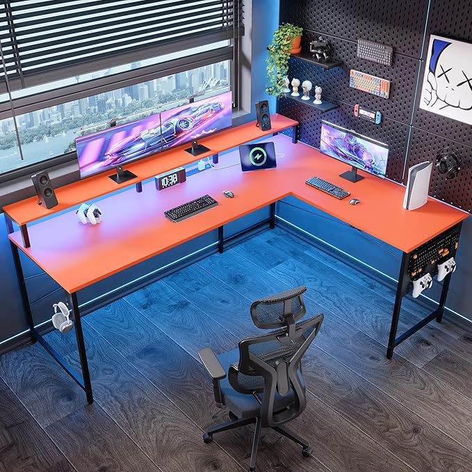 Pamray 64 Inch L Shaped Gaming Desk with Power Outlets and Led Lights Large Corner Computer Desk with Monitor Stand and Pegboard PC Table for Home Office and Bedroom Orange