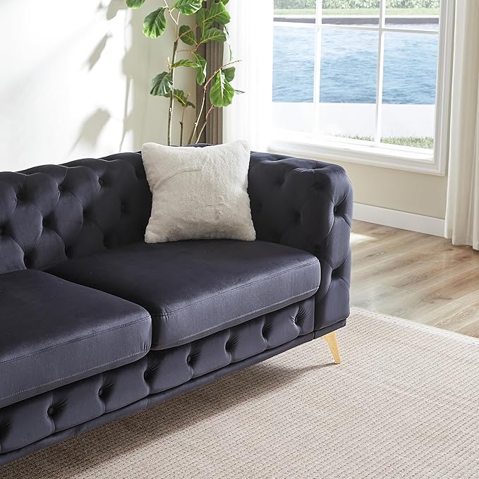 KEIKI 2-Piece Luxury Chesterfield Sofa Set with 1 Velvet 3-Seater Sofa &amp 1 Loveseat Sofa Mid-Century 5-Seater Tufted Button Couch Set with 4 Pillow &amp High-Density Foam Cushion for Living Roo