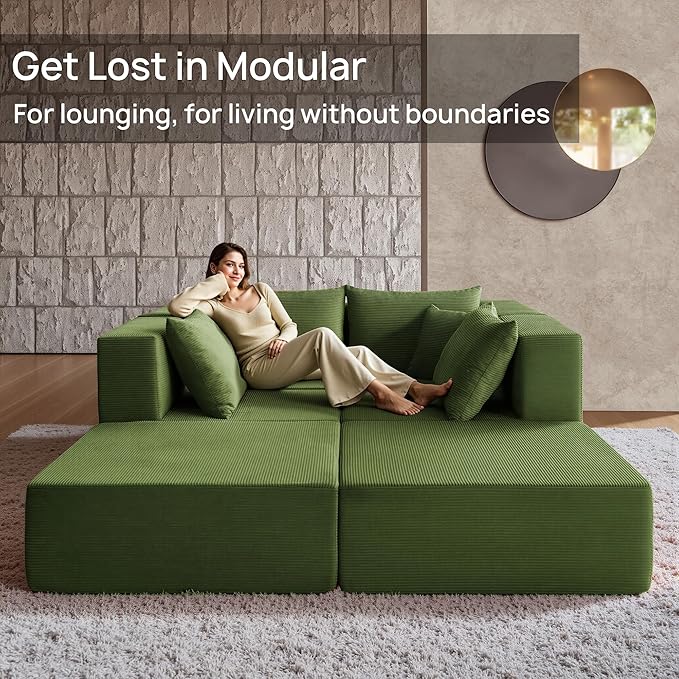 YINIX 140 Modular Sectional Sofa Couches Corduroy Sleeper Deep Seat Sofa Bed Comfy Cloud Couch for Living Room Floor Sofa 6 Piece Free Combination Compression No Assembly Required Green