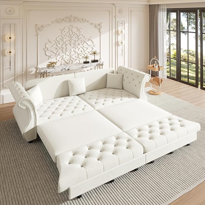 97.6'' King Size Pull Out Sofa Bed Velvet 3-in-1 Convertible Sleeper Sofa Bed Chesterfield Rolled Arm Flower Tufted Oversized Deep Seat Loveseat Sofa for Living Room Apartment Beige | Breathable