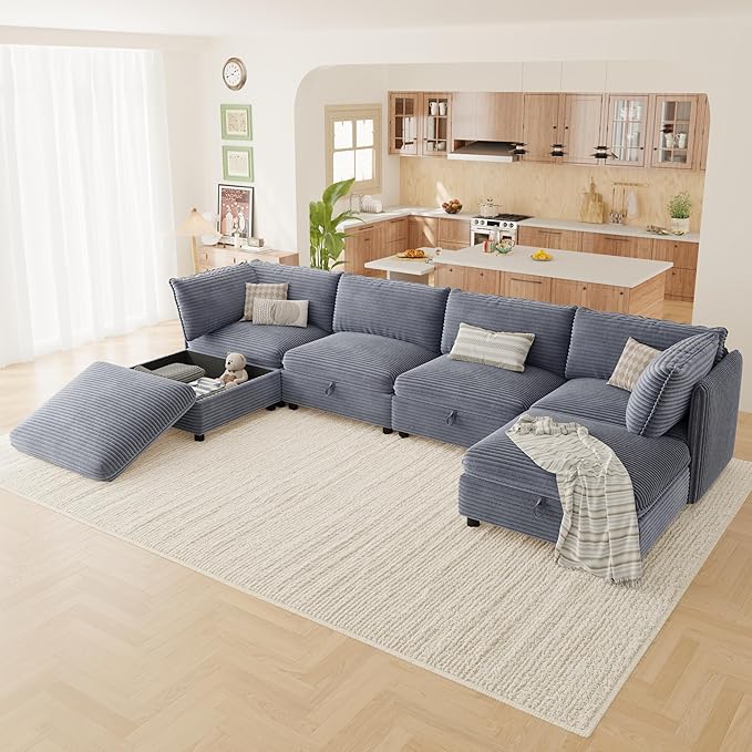 Oversized Corduroy Modular Sectional Couch with Hidden Storage Modern 6-Seater L/U Shaped Sofa Modular Sectional Sofa with Removable Covers &amp Ottoman for Living Room Apartment Gray