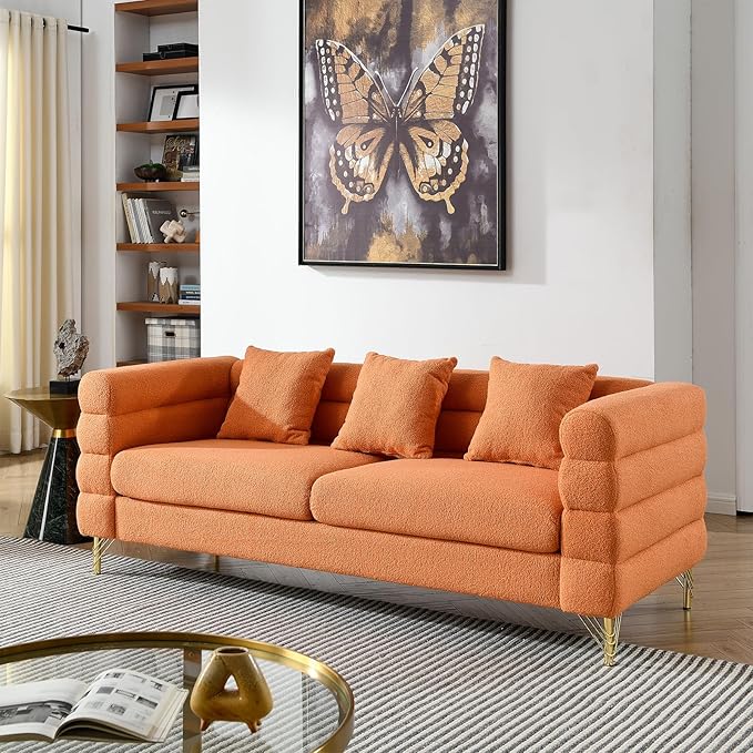2 Pieces Cloud Sofa Set Teddy Bouclé 3 Seater Couch Sets Upholstered Tufted Modern Sofa with Gold Legs &amp Pillows Comfy Deep Seat Sherpa Couch for Living Room Bedroom Office Apartment(Orange)