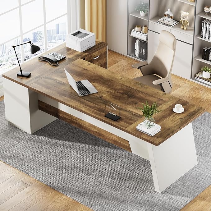 Tribesigns 78 L-Shaped Executive Desk Large Modern Office Desk with Drawers and Lateral File Cabinet Business Furniture with Storage Shelves Big Computer Desk for Home Office (Brown + White)