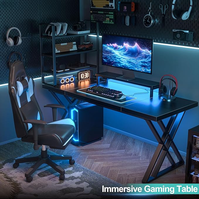 70.8 Inch Large Computer Desk with Power Outlet &amp LED LightsModern Home Office Desk with Ergonomic Monitor StandExtra Long Executive Office Writing Desk for Gaming Work Study Black