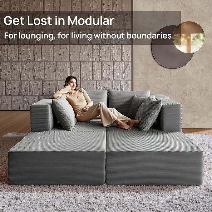 YINIX 140 Modular Sectional Sofa Couches Corduroy Sleeper Deep Seat Sofa Bed Comfy Cloud Couch for Living Room Floor Sofa 6 Piece Free Combination Compression Sofa No Assembly Required Grey