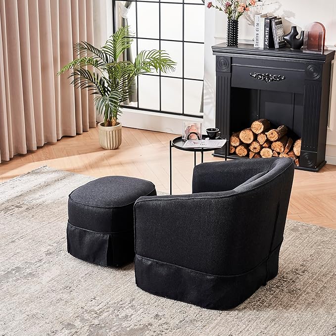 360-Degree Swivel Barrel Chair with OttomanModern Accent ChairComfortable ArmchairsReading Chairs for Living RoomOfficeReception AreaBlack