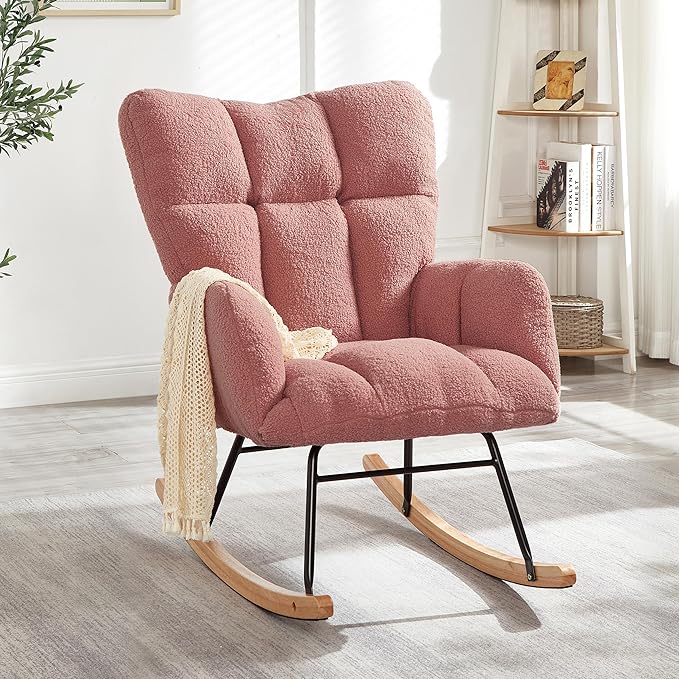 Setawix Upholstered Rocking Chair with Arms for NurseryTufted Rocker Glider ChairsTeddy Fabric Rocking ArmchairMid Century Modern Accent Chairs for Living RoomBedroom (Teddy Pink 27.2)
