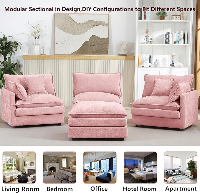 102 L-Shaped Sofa for Living RoomModular Sectional Cloud Sofa Couch with OttomanModern Chenille 3 Seater Sofas with Deep SeatSmall L Shaped Couches for Bedroom (Pink 102)