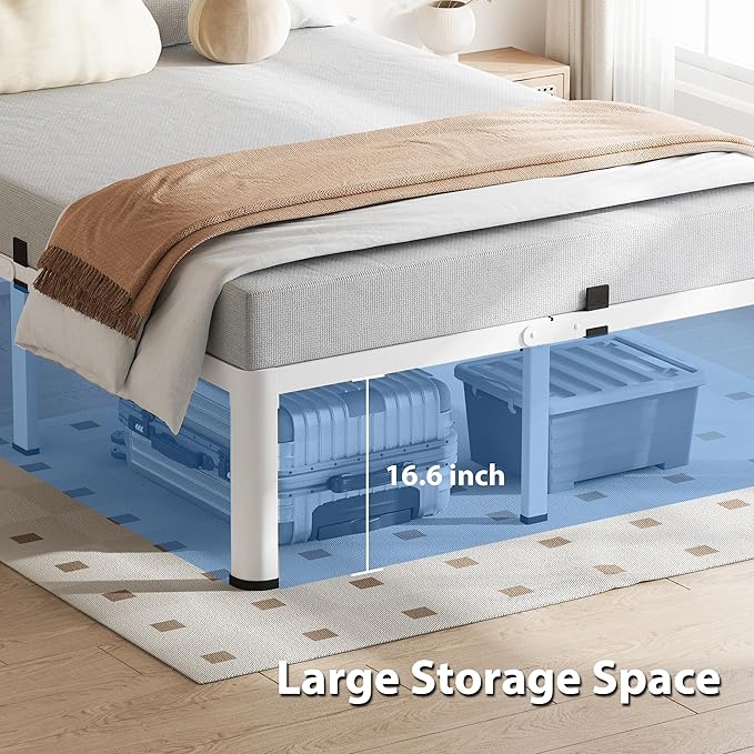 18 Inch King Size White Bed Frame 3500Lbs Heavy Duty Metal Platform with Round Corner Legs Mattress Slide Stopper Steel Slat Support No Box Spring Needed Noise Free Non-Slip Easy Assembly