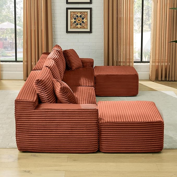 U-Shaped Cloud Sectional Couch Symmetrical Modular Compressed Boneless Sectional Sofa with Chaise Lounges Plush Corduroy Boneless Corner Sofa for Living Room