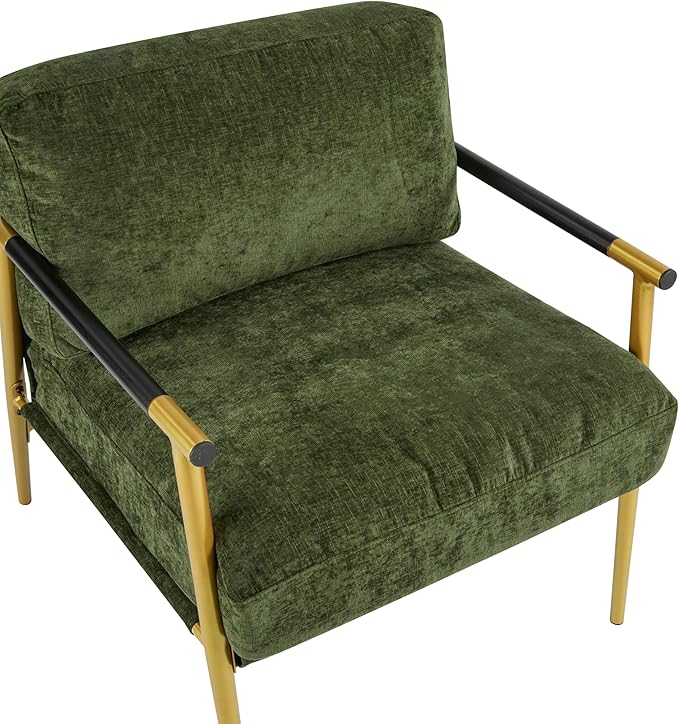 Modern Accent Chair Lounge Arm Chair Upholstered Armchair with Plush Cushions Single Chairs with Metal FrameWooden Armrest - Perfect for OfficeLiving RoomBedroomGold+Green