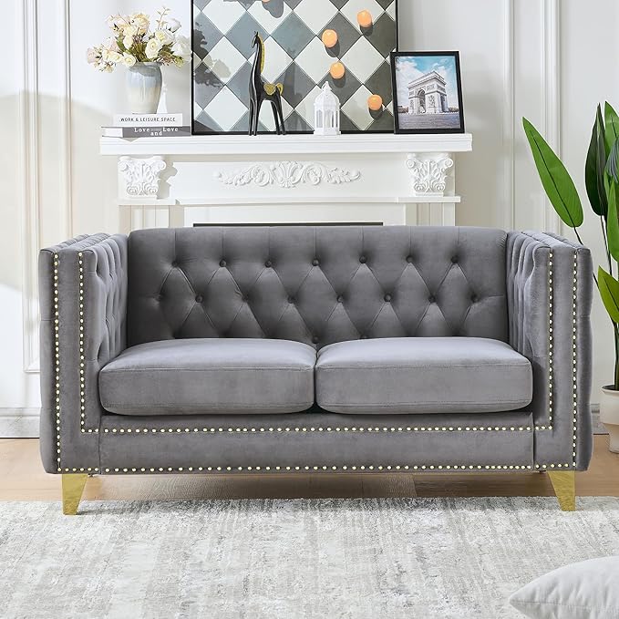 58 Chesterfield Sofa Comfy Velvet Button Tufted Mid Century Modern Couch Cloud Futon Small Loveseat Grey with Gold Legs and Nailhead Deep Seat Sofas for Living Room Office (Dark Grey 2 Seater)