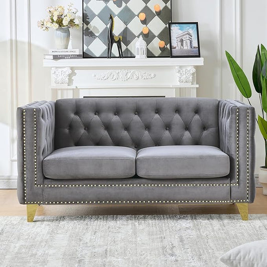 58 Chesterfield Sofa Comfy Velvet Button Tufted Mid Century Modern Couch Cloud Futon Small Loveseat Grey with Gold Legs and Nailhead Deep Seat Sofas for Living Room Office (Dark Grey 2 Seater)