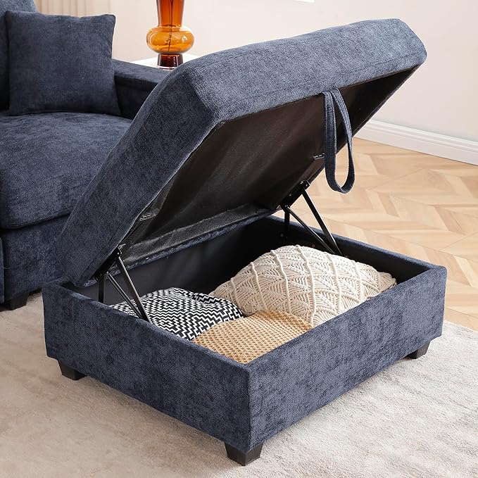 Oversized L-Shaped Modular Sectional Sofa with Storage Armrest Reversible Couch with Movable Ottoman USB Ports Cup Holders 360°Swivel Tray Comfy Cloud Cushions for Living Room or Apartment Blue