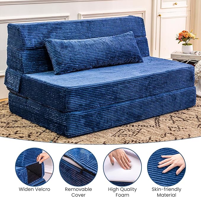 Folding Sofa Bed Convertible Sleeper Chair with Pillow High Density Memory Foam Fold Out Couch Foldable Mattress Futon Sofa for Living Room/Dorm/Guest Use/Apartment/Home Office