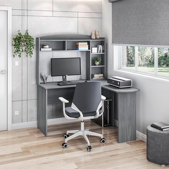 Techni Mobili Modern Hutch L-Shaped Computer Desk Grey