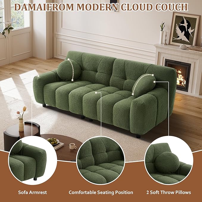 73 Boucle Cloud Sofa Couch with 2 Soft PillowsComfy Upholstered Teddy 2 Seater LoveSeat SofaModern Deep Seat Sherpa Cloud Couch Oversized Loveseat for Living Room Bedroom ApartmentOlive Green