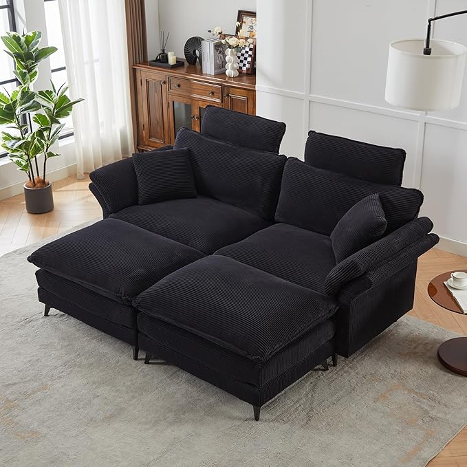 Deep Seat Sectional Sofa Comfortable Cloud Sofa with Ottomans loveseat Sofa 85.8''Modern Corduroy Upholstered Sectional Sofa for Living Room Apartment Studio Office (Black)
