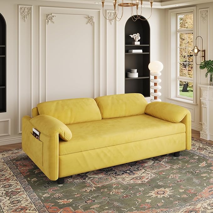 KEIKI Velvet 3 in 1 Convertible Full Sofa Bed with Pull-Out Sleeper Adjustable Backrest Side Pockets &amp Recliner Function Space-Saving Sofa for Small Rooms Yellow