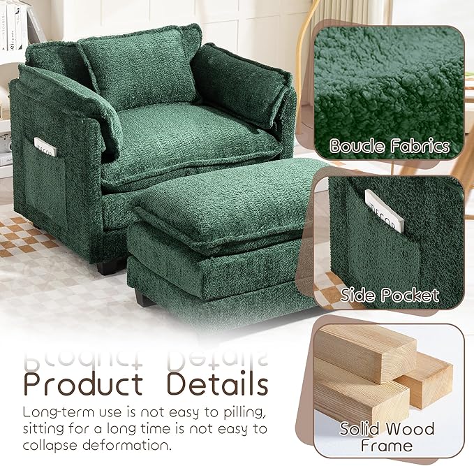 KEIKI Boucle Accent Chair with Storage &amp Ottoman Oversized Reading Arm Chair w/Double Cushion Modern Side Deep Seating Chairs Set Corner Comfy Lounge Armchair for Living Room Bedroom Dark Gre