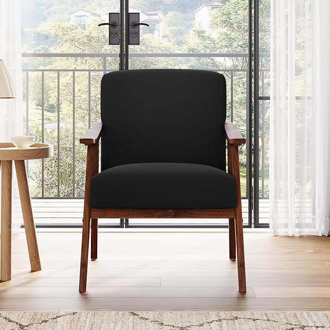 Mid Century Accent Chair Boho Farmhouse Accent Chairs for Living Room Retro Single Lounge Reading Armchair with Solid Wood Frame (Velvet Fabric in Black)