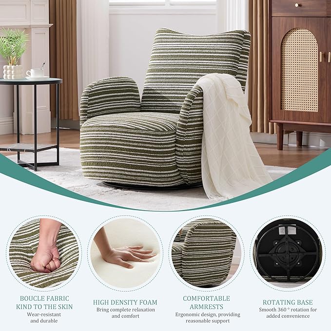Modern Boucle Upholstered Accent Swivel Barrel ChairLeisure Club Lounge Chair with Sand-Rimmed Fabric and Metal Bracket for Living Room Bedroom Home Office (Olive Green Boucle)