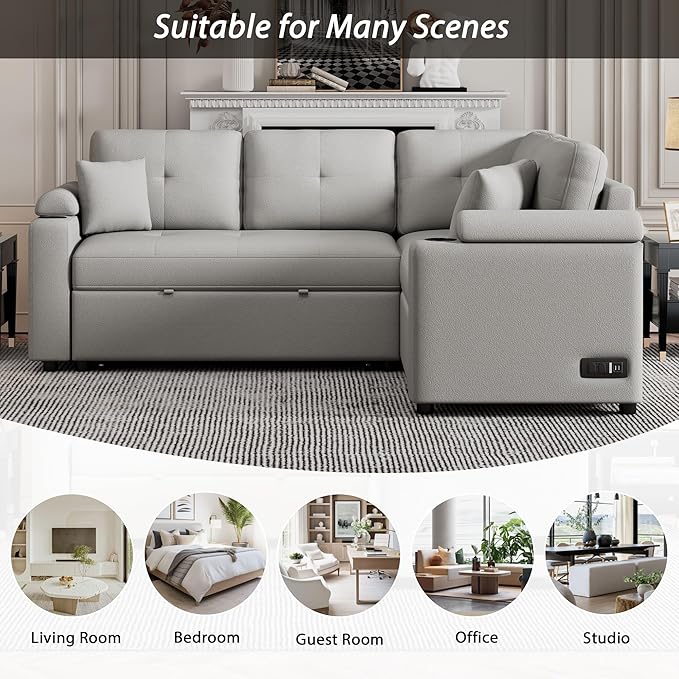 83 L-Shape Sofa Bed Pull-Out Sleeper Sofa with Wheels and Built-in Cup Holders Modern Button Tufted 3 Seater Sectional Corner Couch with Power Sockets for Living Room (Grey-s32)