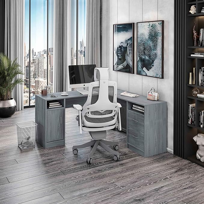Techni Mobili Functional L-Shaped Computer Desk with storage L is ⁠59.5 wide x 59.5 Long Grey