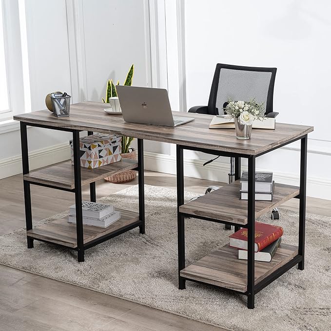 59 Inches Computer Desk Trestle Desk with Both Side 2-Tier Shelves Modern Simple Style Study Work Game Desk Workstation Home Office Table Rustic Wood Desk