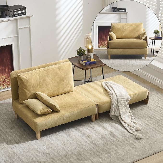 Mid-Century Modern Accent Chair 2-in-1 Foldable Sofa Couch Convertible Sleeper Bed Extra Wide Upholstered Armchair with 3 Pillows &amp Side Pocket for Living Room Bedroom (Mustard Yellow)