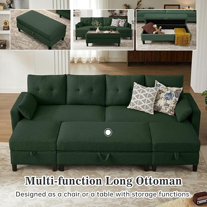 101 Convertible Sectional Sofa Modern Linen Fabric U-Shaped Couch with Reversible Chaises and Ottoman Coffee Table 4 Seat Sofa Couches for Living Room Apartment Office Green