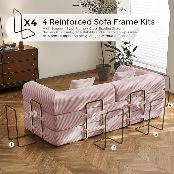 79 Floor Sofa Bed Convertible 5-in-1 Sleeper Sofa with Non-Slip Base Corduroy Couch Expandable Design No Tools Needed for Home Guest Room (Pink)