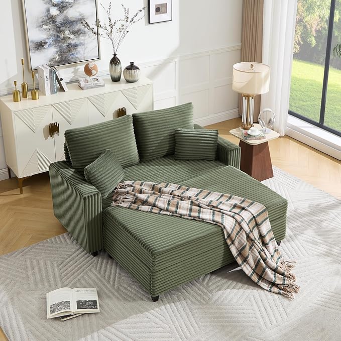 Tbfit 63.4 Oversized Loveseat with Storage Ottoman Comfy Chaise Lounge Chair Indoor Corduroy Sleeper Sofa Bed Modern Upholstered Love Seat Couch for Living Room Bedroom Apartment Green | Breath