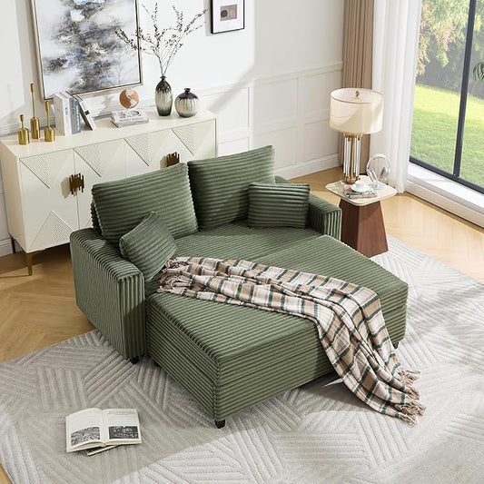 Tbfit 63.4 Oversized Loveseat with Storage Ottoman Comfy Chaise Lounge Chair Indoor Corduroy Sleeper Sofa Bed Modern Upholstered Love Seat Couch for Living Room Bedroom Apartment Green | Breath