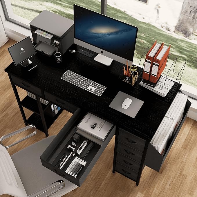 Modern 47 Home Office Writing Desk with Power Outlet &amp Drawers Gaming Desk w/ 2 Monitor Stands &amp Side Pocket for Office Crowd &amp Gaming Crowd (White)