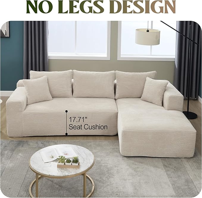 Sectional Sofa Couch Boneless Couches for Living Room Cloud Sofa with Oversized Chaise Corduroy Fabric L-Shaped Couch with Pillows No Assembly Required Right Facing Chaise Beige