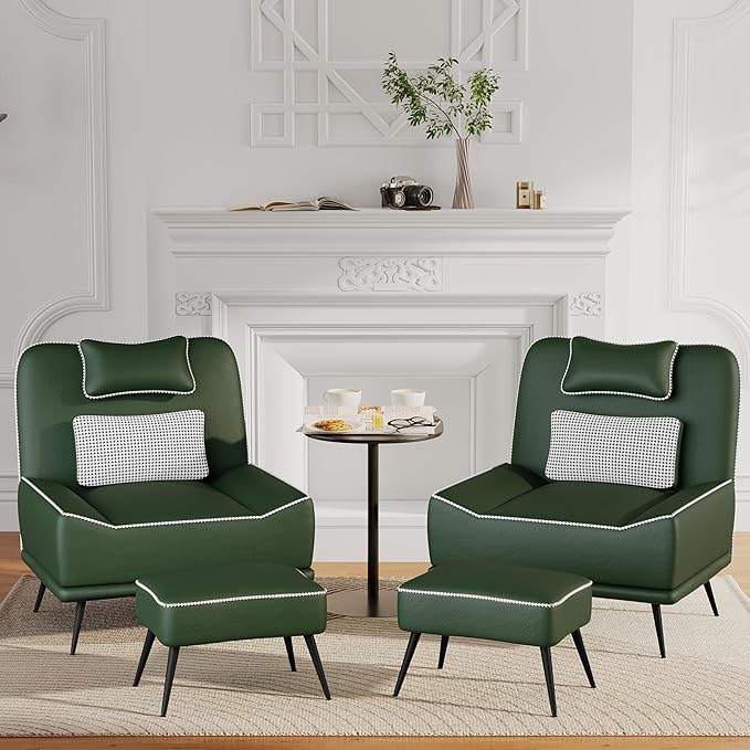 ALISH Modern Accent Chair with Ottoman Upholstered Chair and Ottoman Set Comfort Single Sofa Chair with Removeable Cushion for Living Room Bedroom(Green)