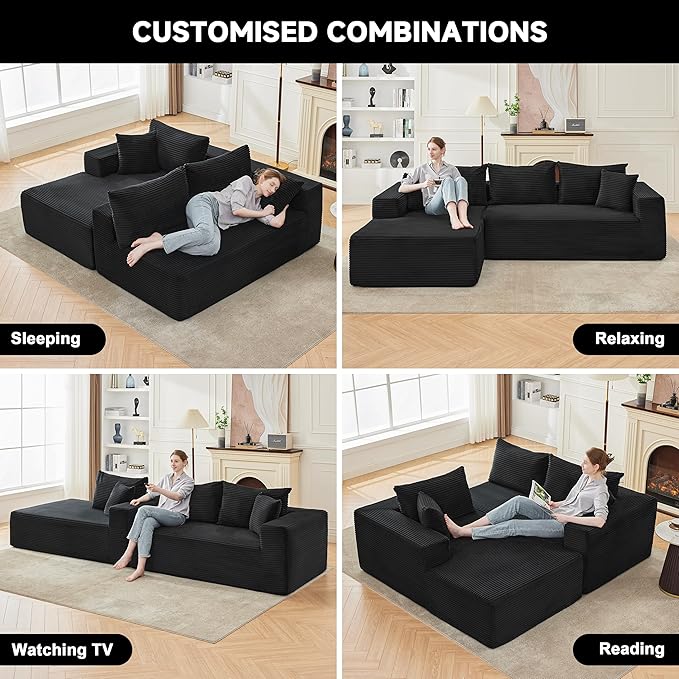 110 Inch Cloud Sectional Couch Modular Sectional Sofa with Deep Seat Boneless Sofa for Living Room Fluffy Comfy Couch with L-Shaped Chaise Black