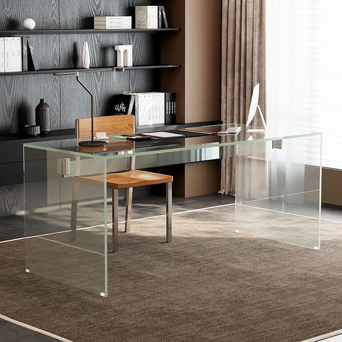 Clear Tempered Glass Writing Desk – Minimalist Modern Computer Table with Metal Joints for Home Office or Study