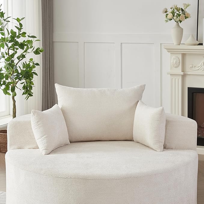 KEIKI 55 Oversized Swivel Accent Chair Chenille Barrel Chairs Upholstered Round Swivel Chair Single Sofa Armchair Sleeper Chair for Living Room Lounge Beige