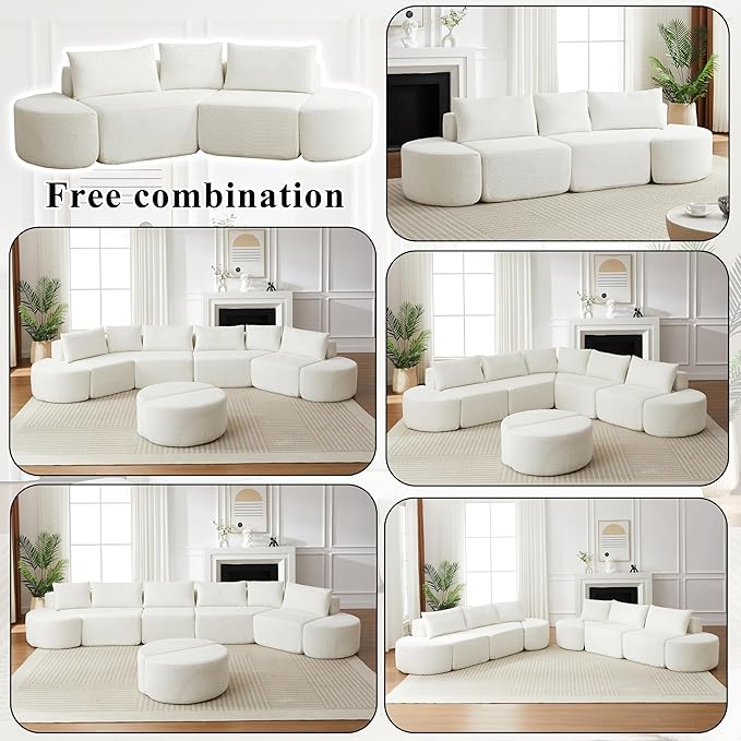 106“ Boneless Chenille V-Shaped Modular Sofa Set Three Throw Pillows 3-Seater Sofa Two Curved Ottomans Combination Couch for Living Rooms (Beige 106 Left Chaise)