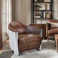 Zouron Genuine Leather Living Room Chair Mid Century Modern Single Sofa Chair in Aluminum Vintage Barrel Accent Chair for Living Room Bedroom Home Office Cognac