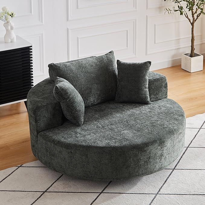Ball &amp Cast 55 Oversized 360 Degree Swivel Accent Chair Modern Chenille Single Sofa Sleeper with Wide Armrest and Pillows Round Lounger Chair for Living Room BedroomProjection Room Green