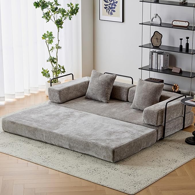 Convertible Floor Sofa Bed with Fixed-Shape Frame Modular Chenille Folding Mattress Couch with Armrest Floor Sofa Lounge Couch for Living Room Bedroom Lounge StudioLight Grey