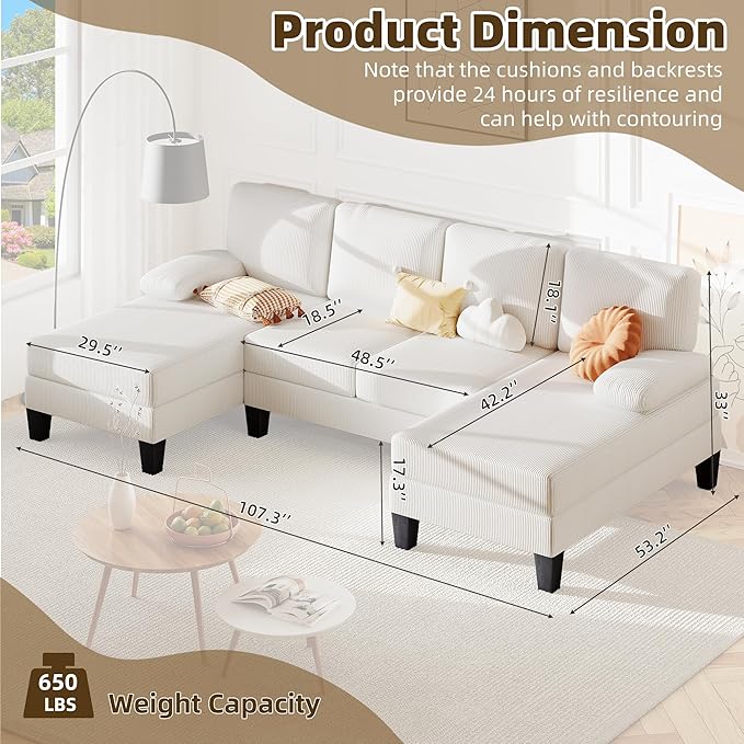 Bezseller 107.3 Sectional Couches for Living Room U Shaped Modular Sofa Couch with Cushion &amp Corduroy Fabric 4-Seat Comfy Furniture Sets with Double Chaise for Apartment Reception Room Beige