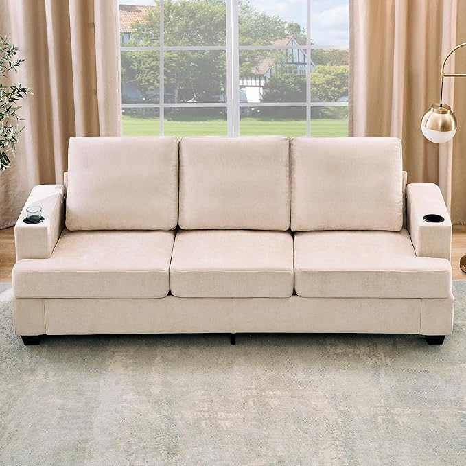 GarveeHome Modern 89 in 3-Seater Sofa for Living Room Comfy Couches with Deep Seat Chenille Couch with Cup Holders and Side Storage Pockets for Apartment Lounge Beige