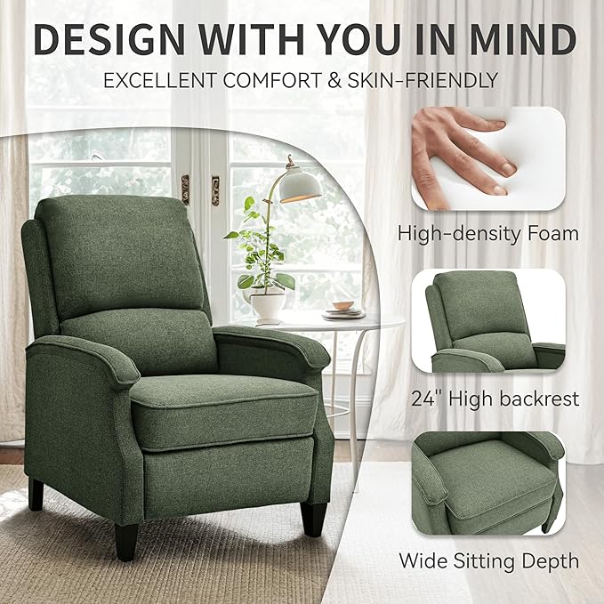 VKNOW Recliner Chair Fabric Recliner with Soft Armrest Home Theater Seating with Adjustable Push Back and Lumbar Support Single Sofa for Adults Lounge Chair for Living Room Bedroom（Green）