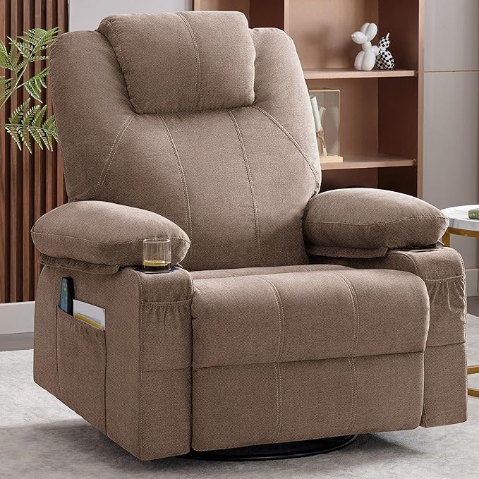 Swivel Rocker Recliner Chair with Heat and Massage 360 Degree Swivel Rocking Single Sofa with Cup Holders and USB Port Big Oversized Recliner Chair for Living Room (Fabric Brown)