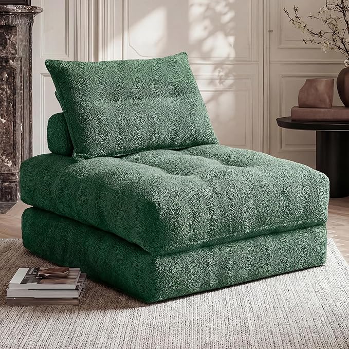Folding Sofa Bed Fold Out Chair Bed with Pillow Convertible Sleeper Chair for Living Room/Small Spaces Foldable Lazy Sofa Bed Floor Chair Comfy Teddy Velvet Couch Bed Forest Green